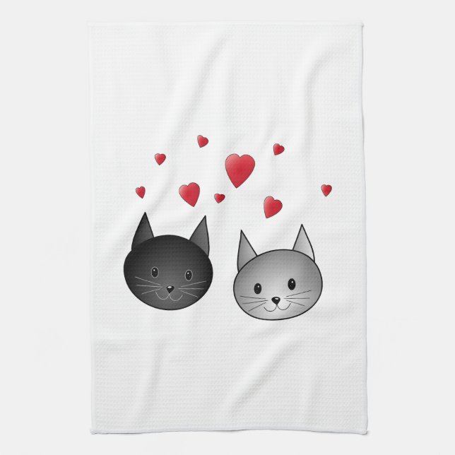 Cute Black and Gray Cats, with Hearts. Kitchen Towel (Vertical)