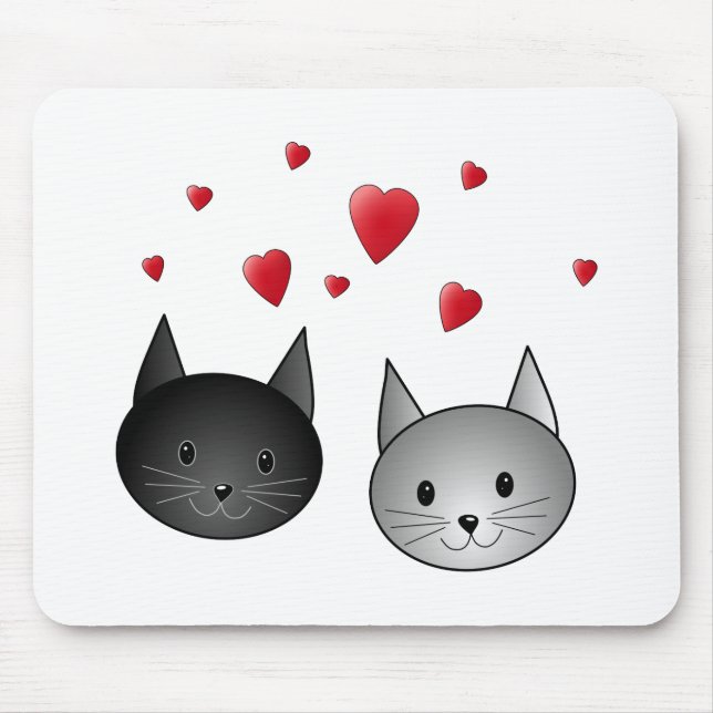 Cute Black and Gray Cats, with Hearts. Mouse Pad (Front)