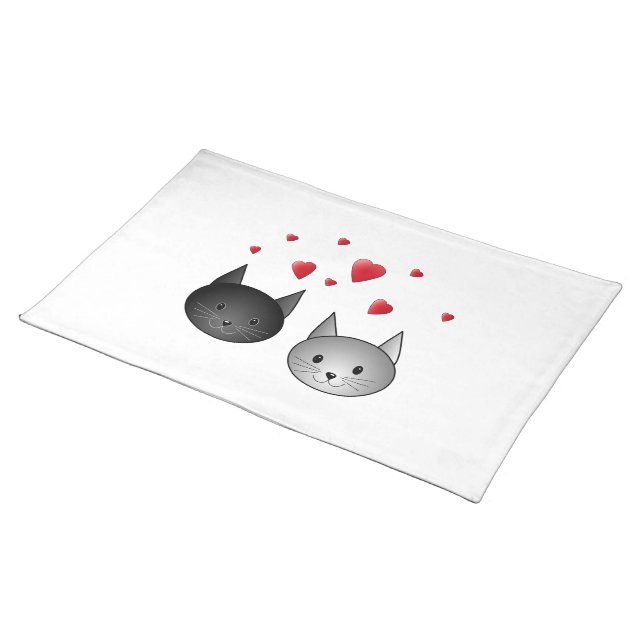 Cute Black and Gray Cats, with Hearts. Placemat (On Table)