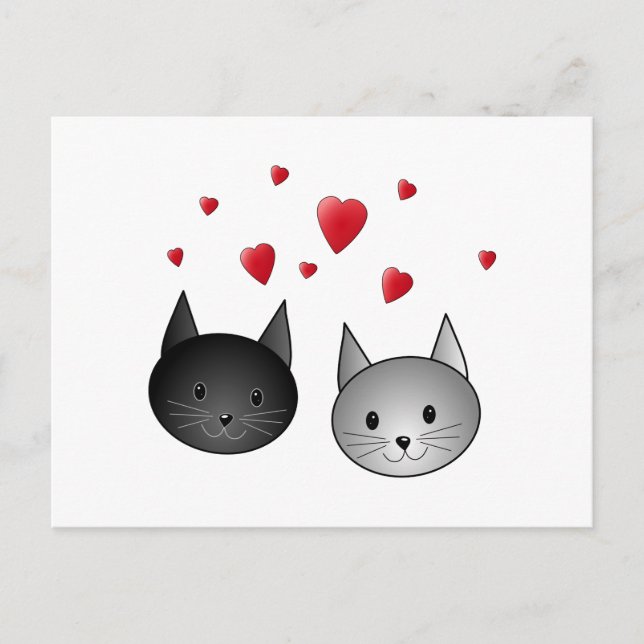 Cute Black and Gray Cats, with Hearts. Postcard (Front)