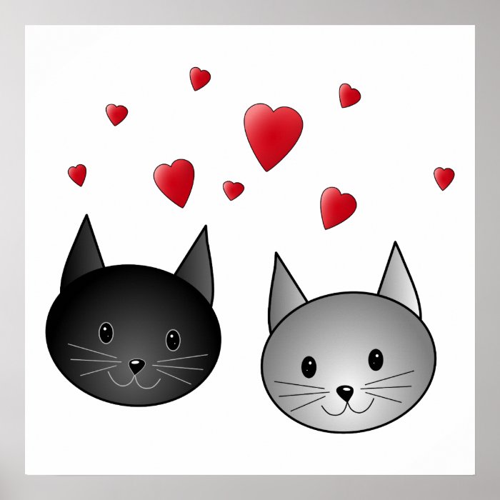 Cute Black and Gray Cats, with Hearts. Poster