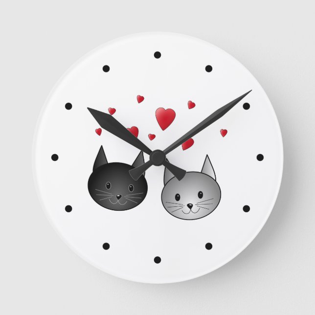 Cute Black and Gray Cats, with Hearts. Round Clock (Front)