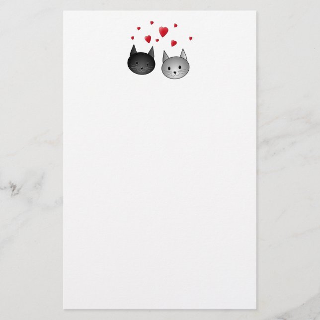 Cute Black and Gray Cats, with Hearts. Stationery (Front)