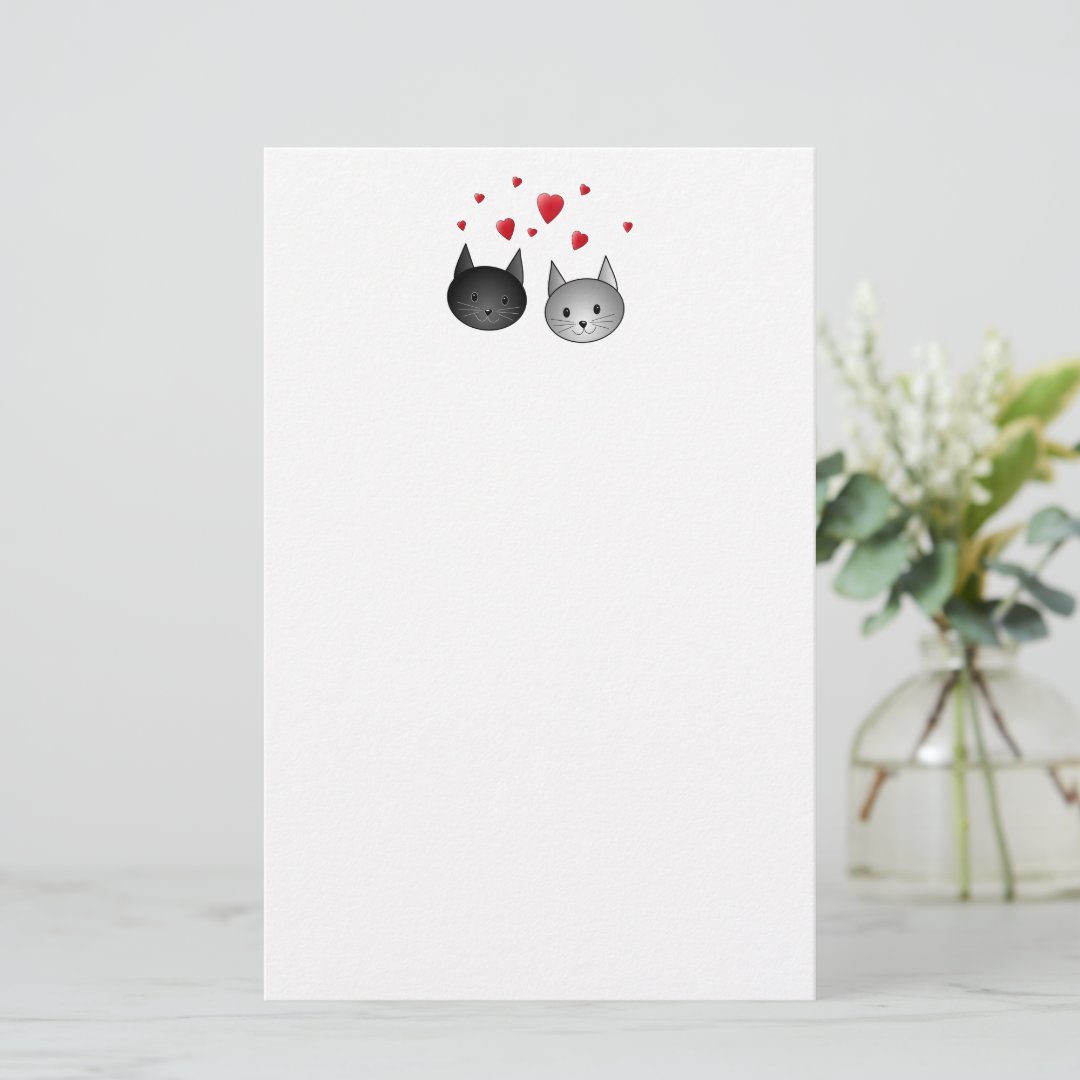 Cute Black and Gray Cats, with Hearts. Stationery
