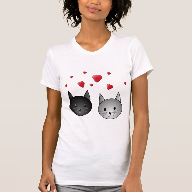 Cute Black and Gray Cats, with Hearts. T-Shirt (Front)