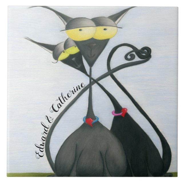 Cute Black and Grey Cat Cartoon Ceramic Tile (Front)