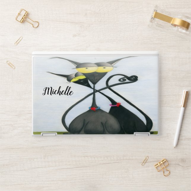 Cute Black and Grey Cat Cartoon HP Laptop Skin (Desk)