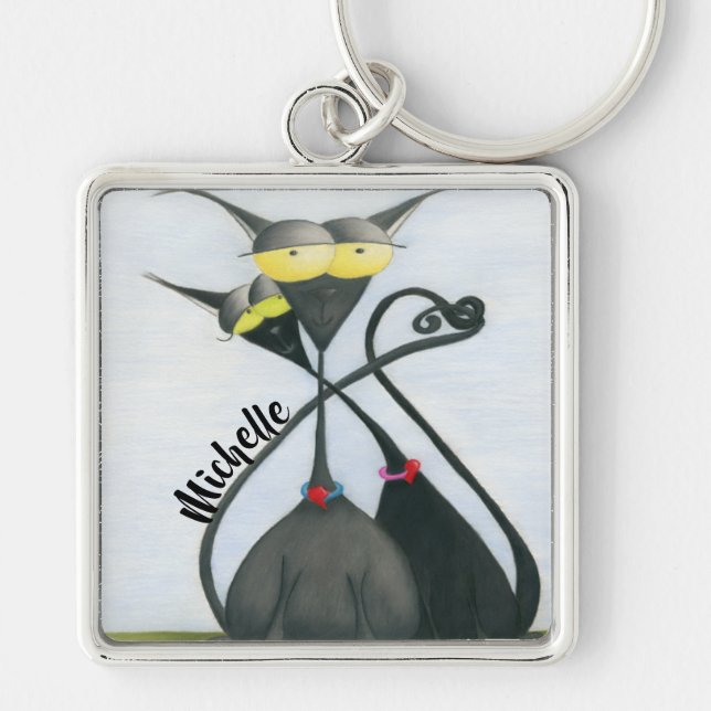Cute Black and Grey Cat Cartoon Keychain (Front)