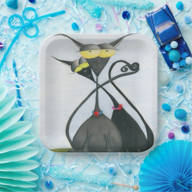 Cute Black and Grey Cat Cartoon Paper Plates (Party)