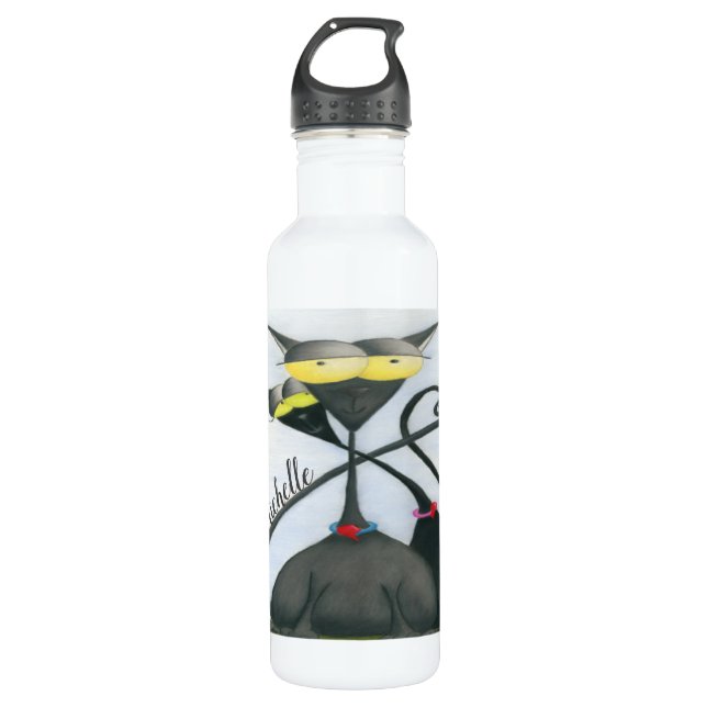 Cute Black and Grey Cat Cartoon Stainless Steel Water Bottle (Front)