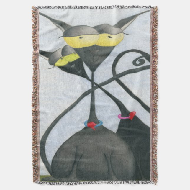 Cute Black and Grey Cat Cartoon Throw Blanket (Front Vertical)