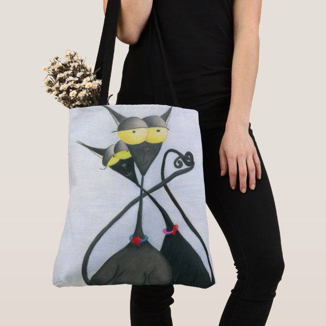 Cute Black and Grey Cat Cartoon Tote Bag (Close Up)