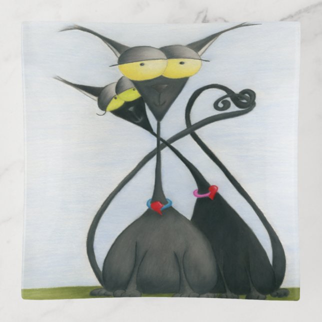 Cute Black and Grey Cat Cartoon Trinket Tray (Front)