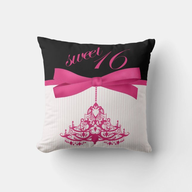 Cute Black and Hot Pink Sweet 16 Chandelier Pillow (Front)