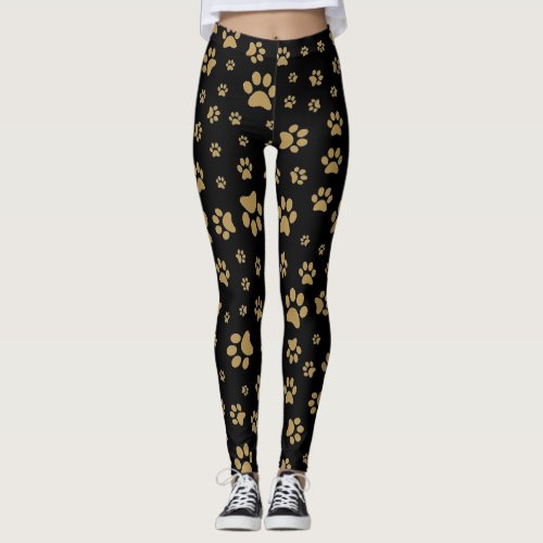 Cute Black and Old Gold Paw Print Pattern Printed Leggings