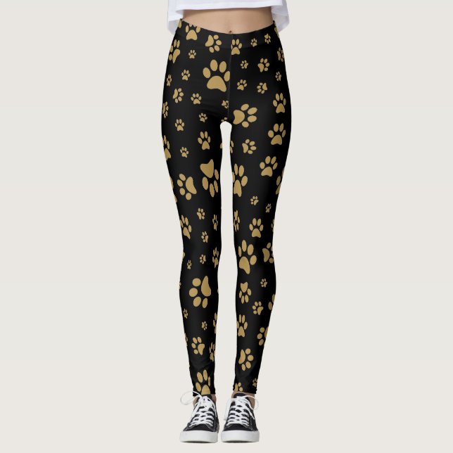 Cute Black and Old Gold Paw Print Pattern Printed Leggings (Front)