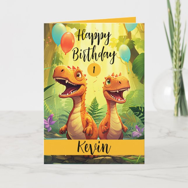 Cute Black and Orange Trex Balloon 1st Birthday Card (Front)