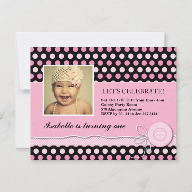 Cute Black and Pink Birthday Party Invitation (Front)