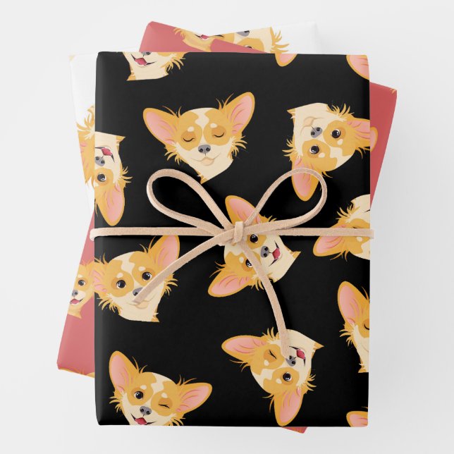 Cute Black and Pink Chihuahua Pattern  Wrapping Paper Sheets (In situ)