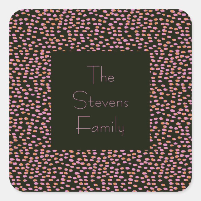 Cute Black and Pink Dot Pattern Personalized Name Square Sticker (Front)