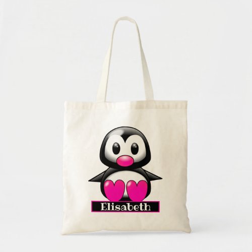 Cute Black and Pink Penguin Add Name Baby Tote Bag