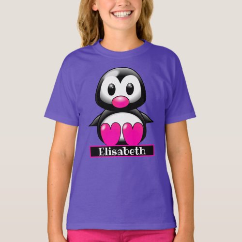 Cute Black and Pink Penguin Add Name T_Shirt
