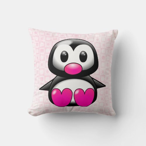 Cute Black and Pink Penguin Throw Pillow