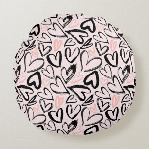 Cute black and pink valentines day hearts round pillow
