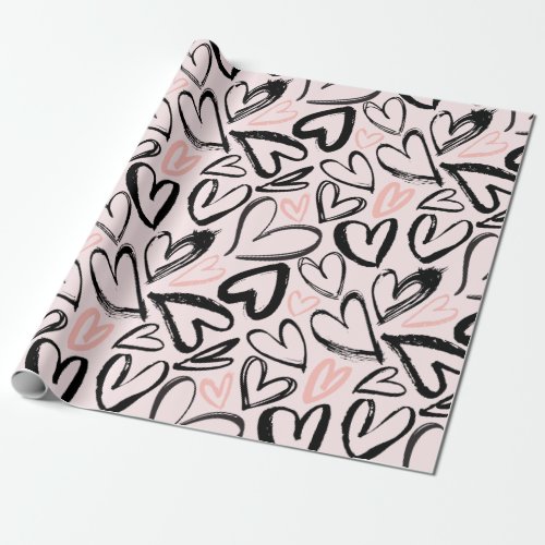 Cute black and pink valentines day hearts wrapping paper