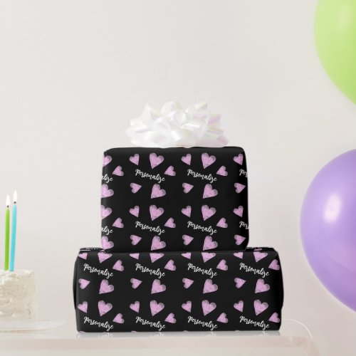 Cute black and pink watercolor hearts pattern wrapping paper