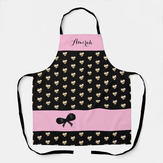 Cute Black and Pink with Gold Hearts Apron (Front)
