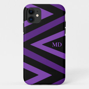 Cute Black and Purple Striped zigzag Initials iPhone 11 Case