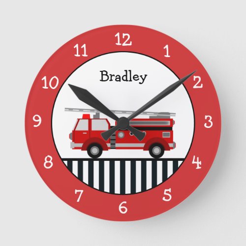 Cute Black and Red Fire Truck Personalized Round C Round Clock