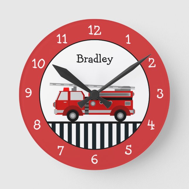 Cute Black and Red Fire Truck Personalized Round C Round Clock (Front)