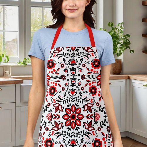 Cute Black And Red Floral Scandinavian Bandanna Apron