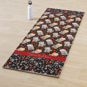Cute Black and Red Japanese Lucky Cat Yoga Mat