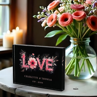 Cute Black and Red Shades Floral Blooms LOVE Word Photo Block