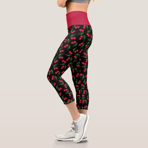 Apparel 9 Cute Black And Red Watercolor Cherries Capri Leggings