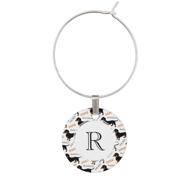 Cute Black and Tan Dachshund Pattern Wine Charm (Front)