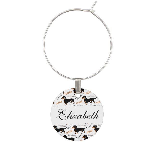 Cute Black and Tan Dachshund Pattern Wine Glass Charm (Front)