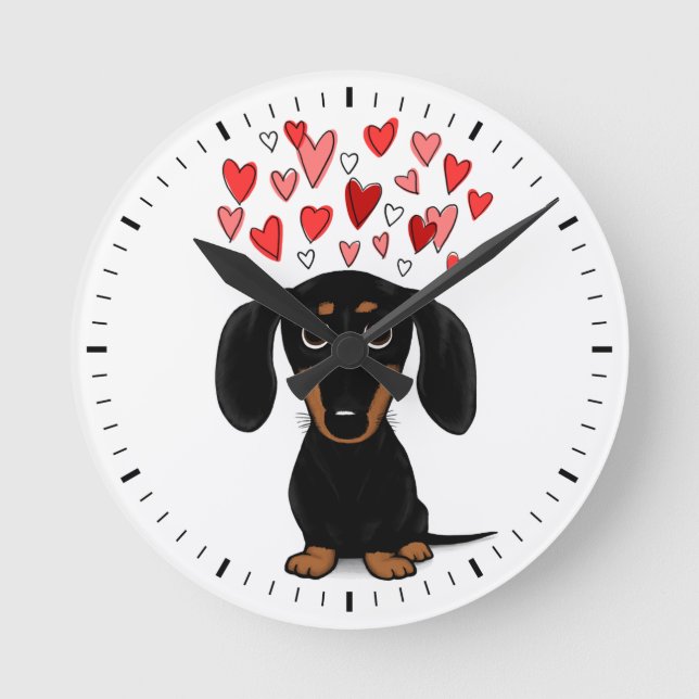 Cute Black and Tan Dachshund with Hearts Round Clock (Front)