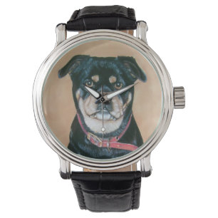 cute black and tan pug dog portrait art watch