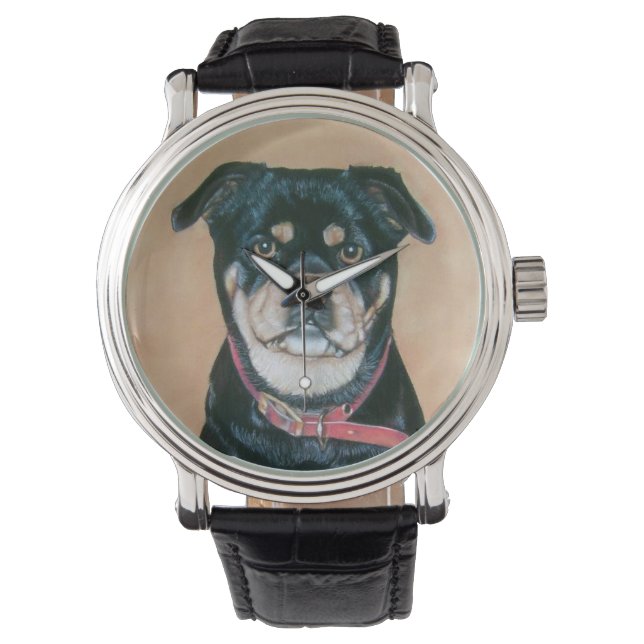 cute black and tan pug dog portrait art watch (Front)