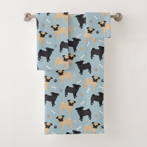 Cute Black and Tan Pugs Pattern Bath Towel Set