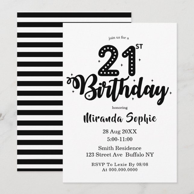 Cute Black and White  21st Birthday Invitations  (Front/Back)