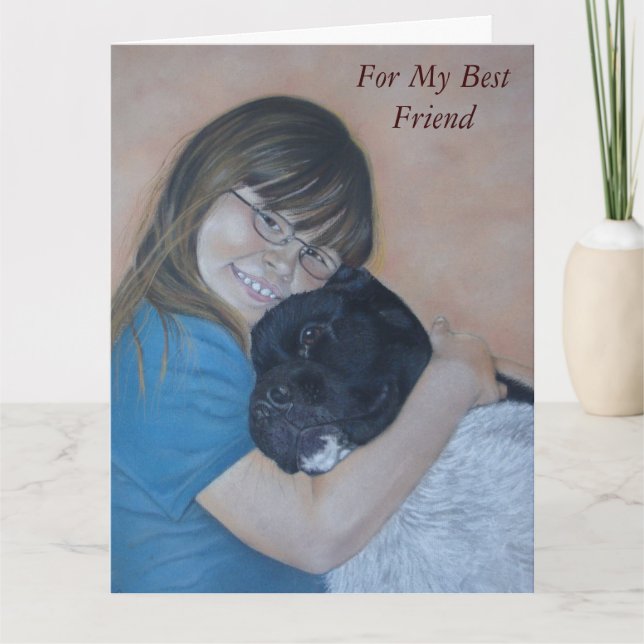 Cute black and white akita cuddling best friend card (Front)