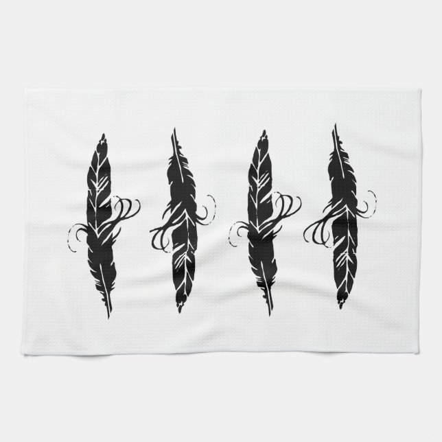 Cute Black and White Boho Feather Pattern Kitchen Towel (Horizontal)