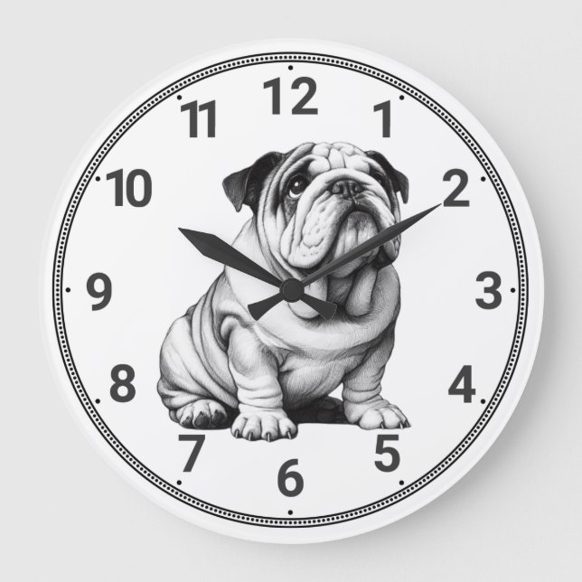 Cute black and white bulldog sketch large clock (Front)