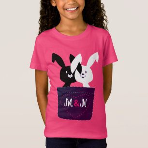 Cute Black And White Bunnies With Monogram Cartoon T-Shirt