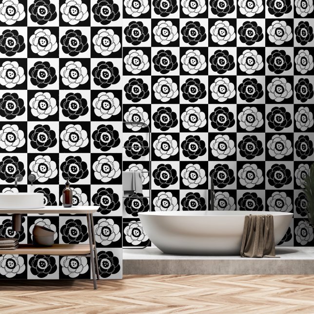 Cute Black and White Camellia Flower Pattern Wallpaper (Bathroom)